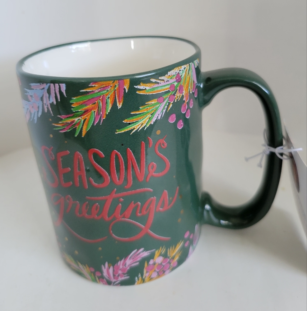 NEW EttaVee Coffee Mug Cup Green Seasons Greetings Painted